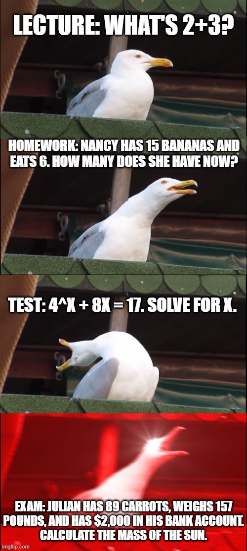 Math problems be like: | Lecture: What's 2+3? Homework: Nancy has 15 bananas and
eats 6. How many does she have now? Test: 4^x + 8x = 17. Solve for x. Exam: Julian has 89 carrots, weighs 157
pounds, and has $2,000 in his bank account.
Calculate the mass of the Sun. | image tagged in memes,inhaling seagull,math,school,oh my god,relatable | made w/ Imgflip meme maker