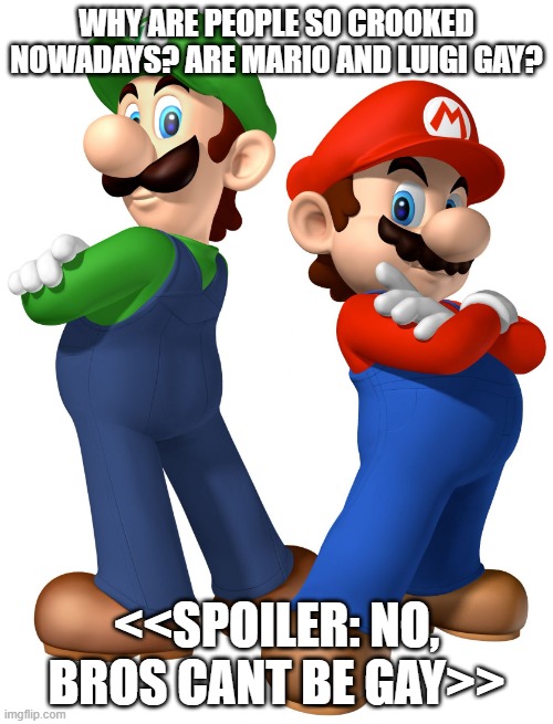 mario and lugi stop liberalism | why are people so crooked nowadays? are mario and luigi gay? <<spoiler: no, bros cant be gay>> | image tagged in mario and lugi stop liberalism | made w/ Imgflip meme maker