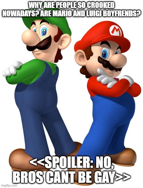 mario and lugi stop liberalism | why are people so crooked nowadays? are mario and luigi boyfrends? <<spoiler: no, bros cant be gay>> | image tagged in mario and lugi stop liberalism | made w/ Imgflip meme maker