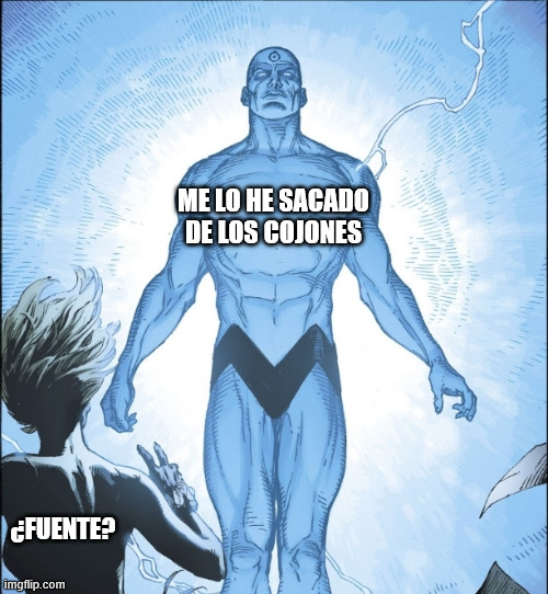 Dr. Manhattan recomponiéndose en una nube de energía con una mujer abajo a la izquierda preguntado "¿Fuente?" y el Dr. respondiendo "Me lo he sacado de los cojones"