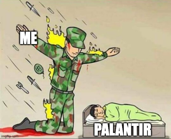 Soldier protecting sleeping child | Me; Palantir | image tagged in soldier protecting sleeping child | made w/ Imgflip meme maker