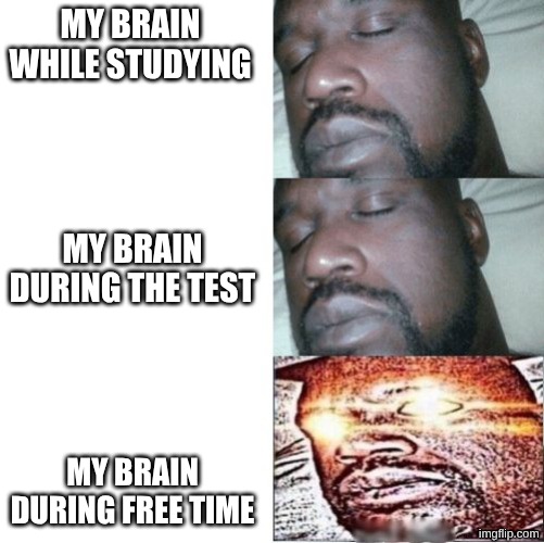 relatable | my brain while studying; my brain during the test; my brain during free time | image tagged in 2 sleeping shaq 1 awake,meme,test | made w/ Imgflip meme maker