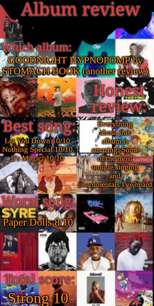 Placed at #11 in the album ranking spreadsheet, below The Miseducation by Lauryn Hill and above MM.. FOOD by MF DOOM | GOODNIGHT HYPNOPOMP by STOMACH BOOK (another review); Everything about this album is amazing. Some of the most unique singing and instrumentals I've heard; Let You Down 10/10
Nothing Special 10/10
It's Magic! 10/10; Paper Dolls 8/10; Strong 10 | image tagged in album review | made w/ Imgflip meme maker