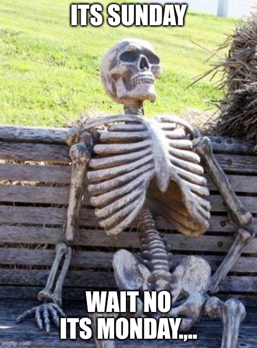 Waiting Skeleton Meme | its sunday; wait no its monday.,.. | image tagged in memes,waiting skeleton | made w/ Imgflip meme maker
