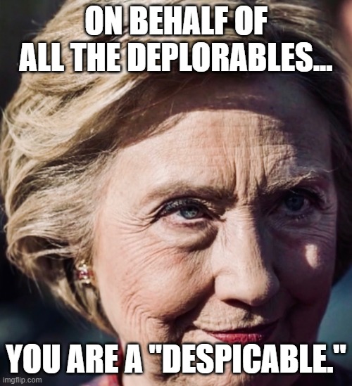 The Clapback on Hillary | On behalf of all the deplorables... You are a "Despicable." | image tagged in evil hillary,basket of deplorables,despicable me,minion party despicable me | made w/ Imgflip meme maker