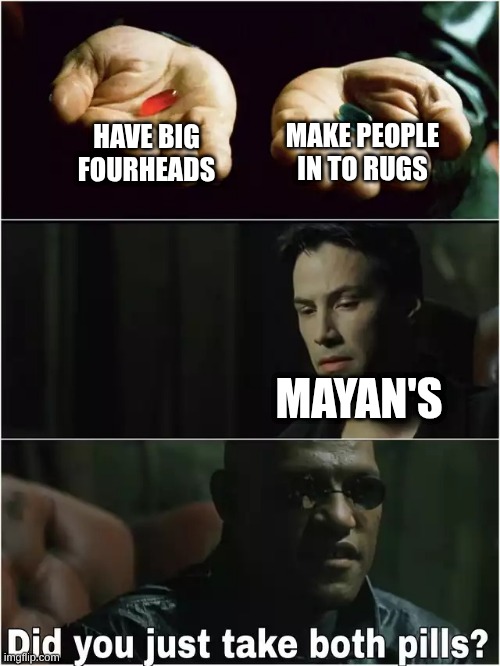 Did you just take both pills? | make people in to rugs; have big fourheads; mayan's | image tagged in did you just take both pills | made w/ Imgflip meme maker