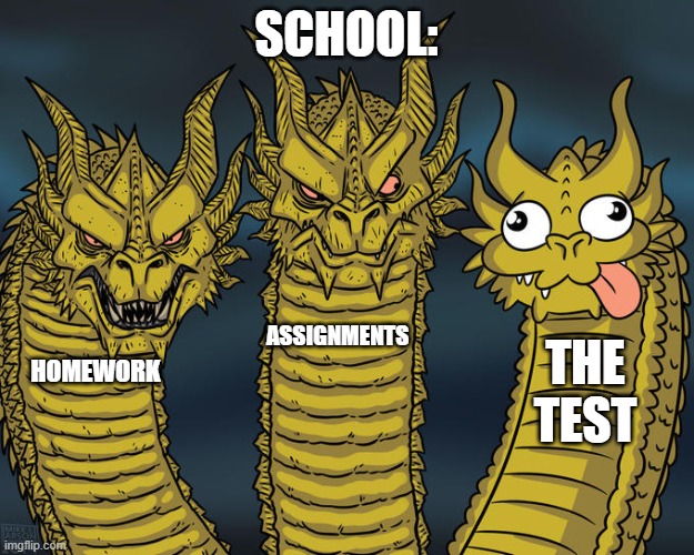 school | school:; assignments; the test; homework | image tagged in three-headed dragon | made w/ Imgflip meme maker