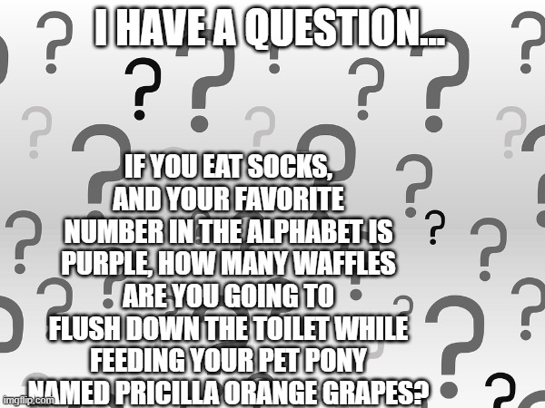 Comment your answers (warning, do NOT look at the last tag) | I have a question... If you eat socks, and your favorite number in the alphabet is purple, how many waffles are you going to flush down the toilet while feeding your pet pony named Pricilla orange grapes? | image tagged in questions,pricilla | made w/ Imgflip meme maker