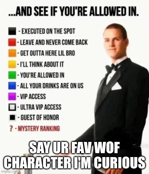got the idea by flamespekle | say ur fav wof character I'm curious | image tagged in and see if you're allowed in | made w/ Imgflip meme maker