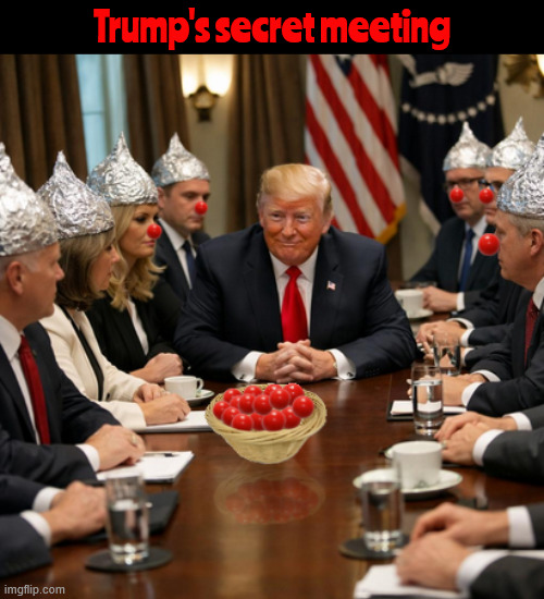 Trump's clown show meeting | Trump's secret meeting | image tagged in trump's clown show meeting,put it on or you're gone,clown nose,tin foil cap,maga madness | made w/ Imgflip meme maker