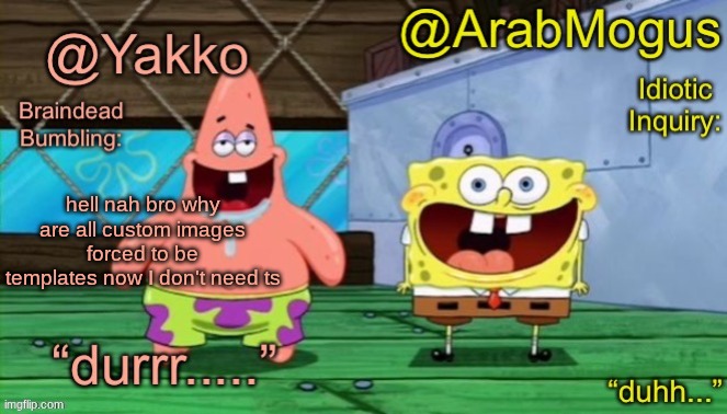 Yakko and ArabMogus’s shared temp | hell nah bro why are all custom images forced to be templates now I don't need ts | image tagged in yakko and arabmogus s shared temp | made w/ Imgflip meme maker