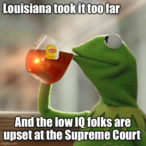 Got greedy and are now crying | Louisiana took it too far; And the low IQ folks are upset at the Supreme Court | image tagged in memes,but that's none of my business,kermit the frog,politics lol | made w/ Imgflip meme maker