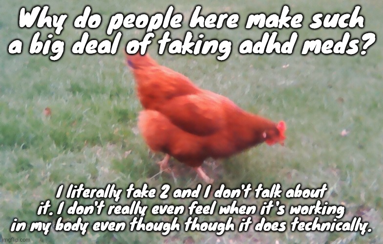 Why do people here make such a big deal of taking adhd meds? I literally take 2 and I don't talk about it. I don't really even feel when it's working in my body even though though it does technically. | image tagged in 2026-04-21-19-30-12 jpg | made w/ Imgflip meme maker
