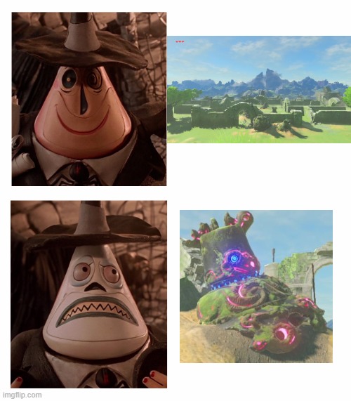 anyone whos played botw will understand this | image tagged in mayor nightmare before christmas two face comparison,botw,the legend of zelda breath of the wild,zelda | made w/ Imgflip meme maker
