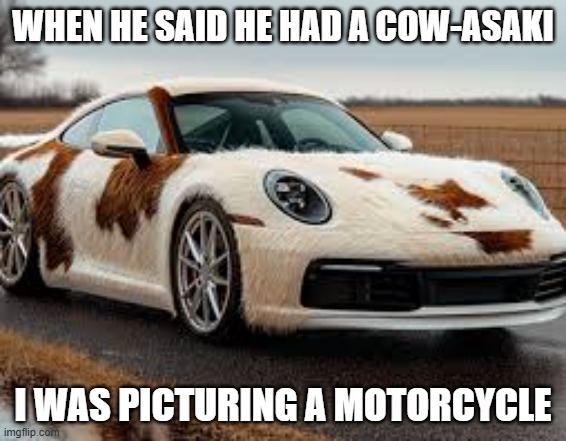 When she said she had a Cow-asaki, this isn't what I was picturing. | When he said he had a cow-asaki; I was picturing a motorcycle | image tagged in funny,humor,play on words,cars,motorcycle | made w/ Imgflip meme maker