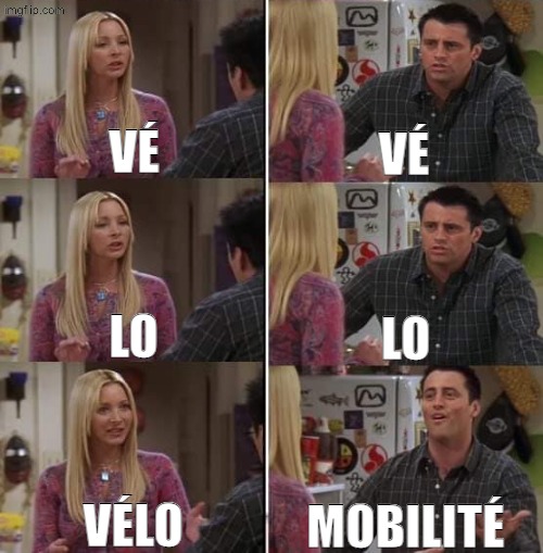 Phoebe Joey Three Panels | VÉ; VÉ; LO; LO; VÉLO; MOBILITÉ | image tagged in phoebe joey three panels | made w/ Imgflip meme maker