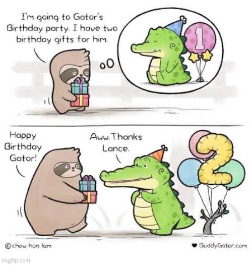 Buddy Gator | image tagged in comics,buddy gator,birthday,sloth,presents,first and second | made w/ Imgflip meme maker