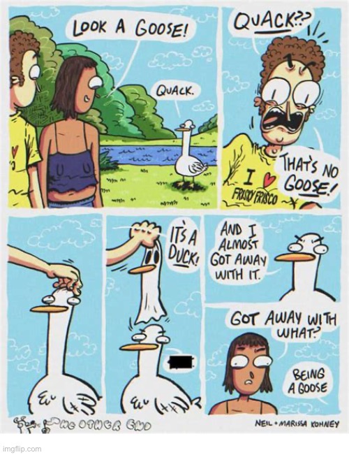 The Other End | image tagged in comics,the other end,goose,disguise,duck,almost got away | made w/ Imgflip meme maker