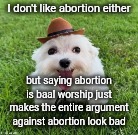 small daog | I don't like abortion either; but saying abortion is baal worship just makes the entire argument against abortion look bad | image tagged in dog | made w/ Imgflip meme maker