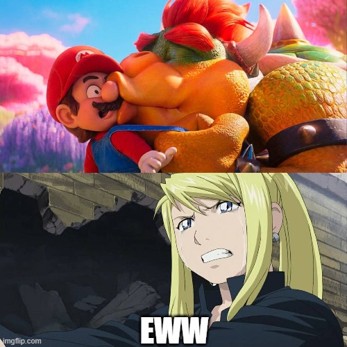 winry reacts to bowser kisses mario | eww | image tagged in who reacts to bowser kisses mario,fullmetal alchemist,mario movie,crossover,anime,super mario brothers | made w/ Imgflip meme maker