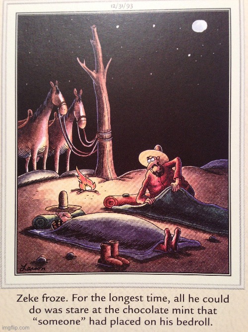 He just wanted to be hospitable… | image tagged in the far side,comics,old west,cowboys,mint,mystery | made w/ Imgflip meme maker