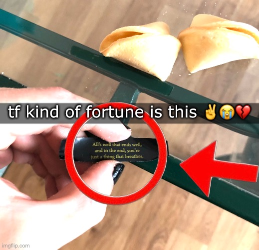 If you can’t read it, it says “All’s well that ends well and in the end, you’re just a thing that breaths.” | tf kind of fortune is this ✌️😭💔 | image tagged in img_4092 jpeg,tags | made w/ Imgflip meme maker