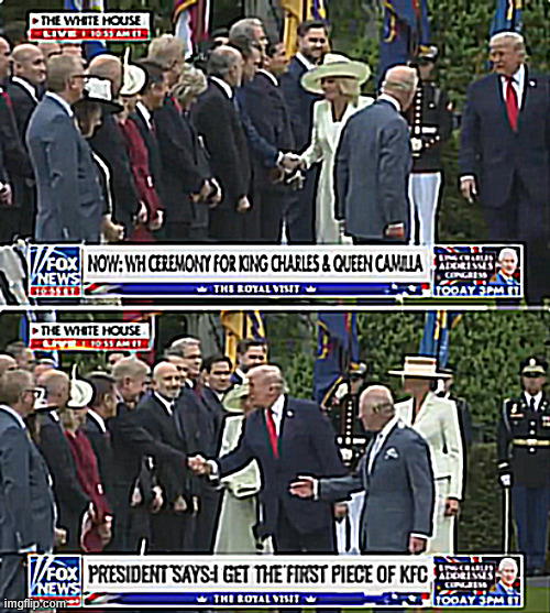 Trump takes the  bruises for the Queen of United Kingdom | image tagged in trump takes the  bruises for the queen of united kingdom,shake and bake to kfc,hey donald what about meh | made w/ Imgflip meme maker