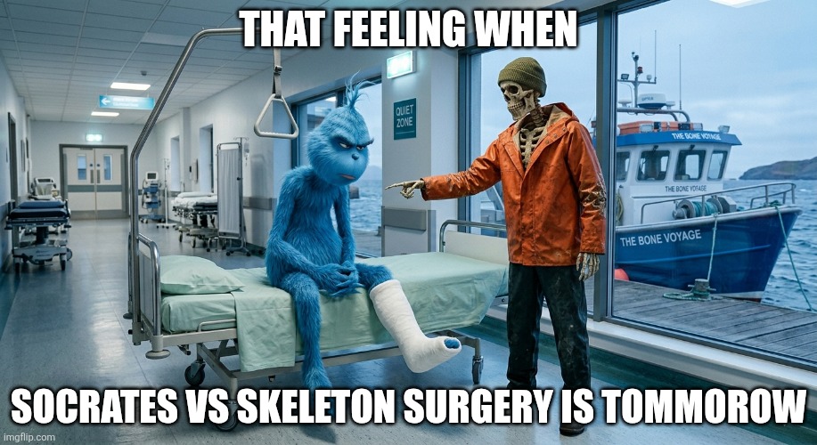 Skeleton met knee surgery | That feeling when; Socrates vs skeleton surgery is tommorow | image tagged in skeleton met knee surgery | made w/ Imgflip meme maker