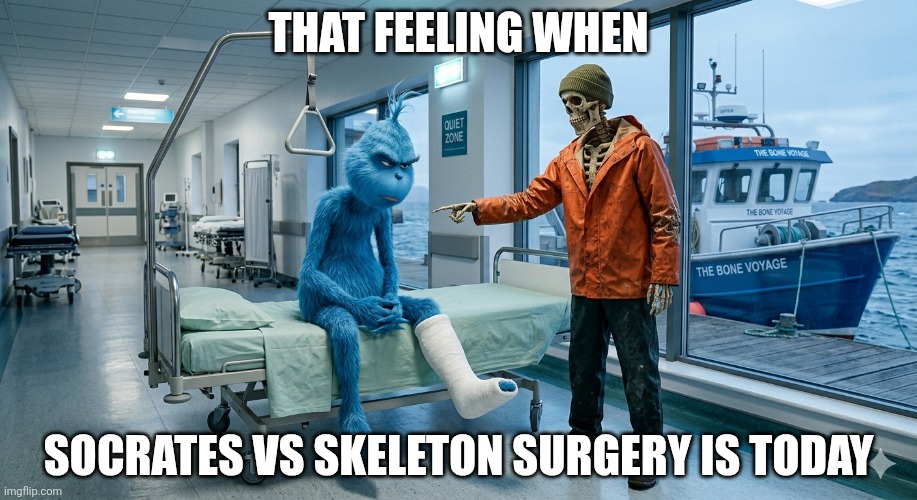Skeleton met knee surgery | That feeling when; Socrates vs skeleton surgery is today | image tagged in skeleton met knee surgery | made w/ Imgflip meme maker