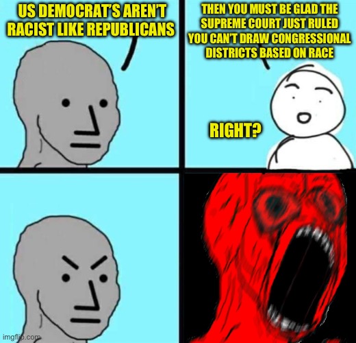 Let The Meltdowns Begin | Us democrat’s aren’t racist like republicans; Then you must be glad the
supreme court just ruled

you can’t draw congressional
districts based on race; Right? | image tagged in angry npc wojack rage,memes,funny,politics,supreme court,liberal logic | made w/ Imgflip meme maker