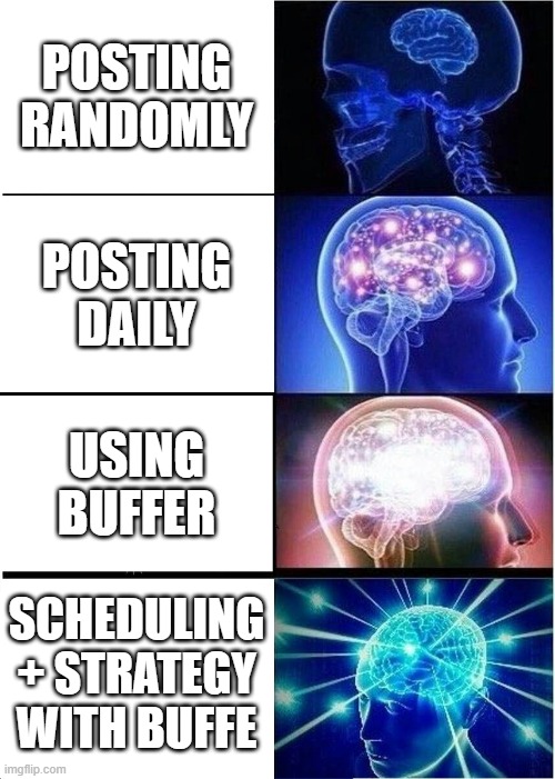 benefit of buffer | Posting randomly; Posting daily; Using Buffer; Scheduling + strategy with Buffe | image tagged in memes,expanding brain,buffer | made w/ Imgflip meme maker