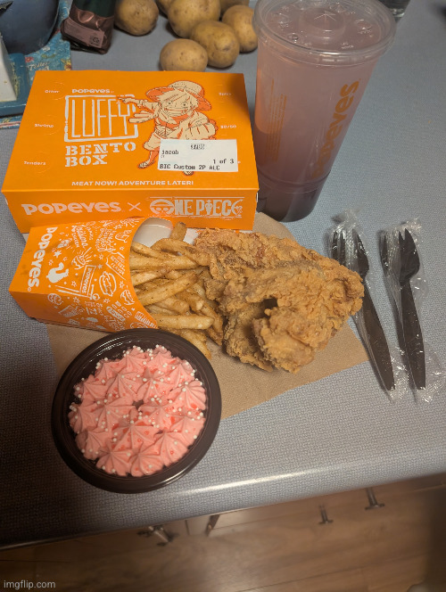 one piece bento box | image tagged in pxl_20260430_050226080 jpg,one piece,popeyes,anime,chicken,luffy | made w/ Imgflip meme maker