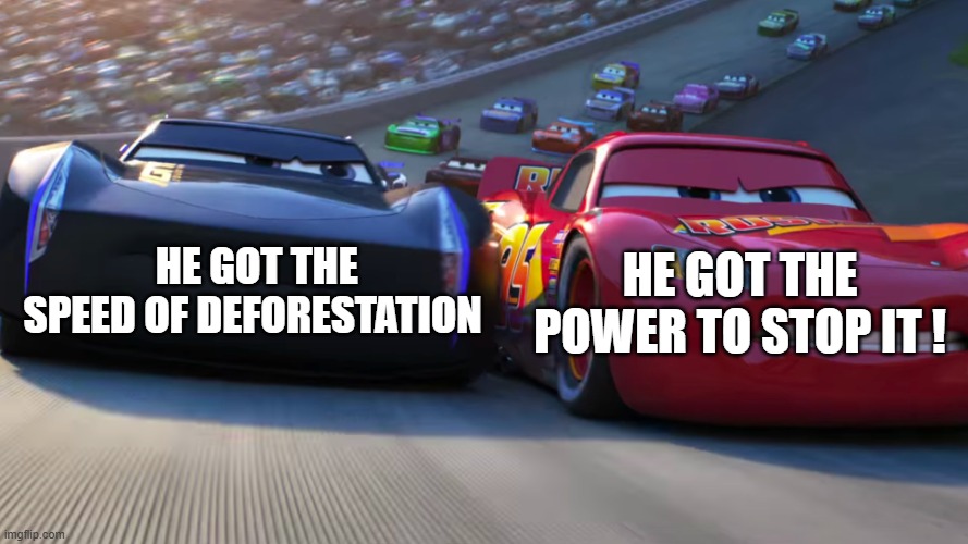 Lightning McQueen vs Jackson Storm | He got the power to stop it ! He got The speed of deforestation | image tagged in lightning mcqueen vs jackson storm | made w/ Imgflip meme maker
