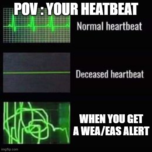 based on a true story 2 | POV : Your heatbeat; When you get a WEA/EAS alert | image tagged in heartbeat rate | made w/ Imgflip meme maker