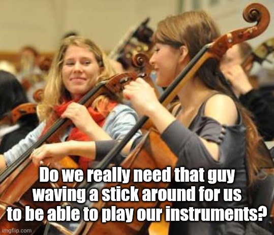 Do we really need that guy waving a stick around for us to be able to play our instruments? | made w/ Imgflip meme maker