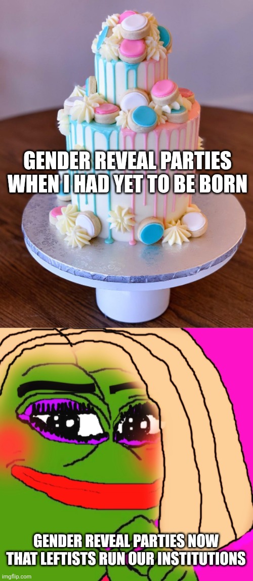 Gender reveal parties then vs now | Gender reveal parties when I had yet to be born; Gender reveal parties now that leftists run our institutions | image tagged in baby shower cake,drag queen pepe | made w/ Imgflip meme maker