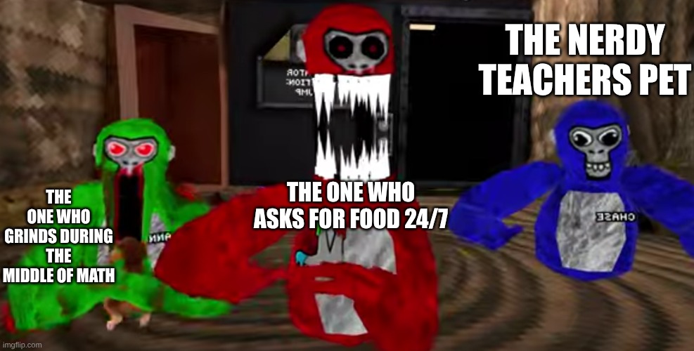 types of classmates | the nerdy teachers pet; the one who grinds during the middle of math; the one who asks for food 24/7 | image tagged in that one kid in a friend group bpp edition | made w/ Imgflip meme maker