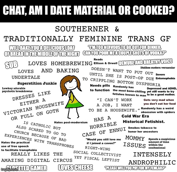 The average southern woman archetype, but with a twist | Chat, am I date material or cooked? | image tagged in southerner and traditionally femin,transsexual,trans gf,cute,dating,woman | made w/ Imgflip meme maker