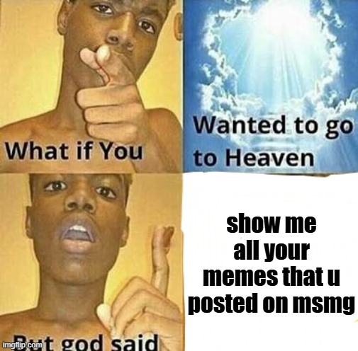 i'm cooked then | show me all your memes that u posted on msmg | image tagged in what if you wanted to go to heaven | made w/ Imgflip meme maker