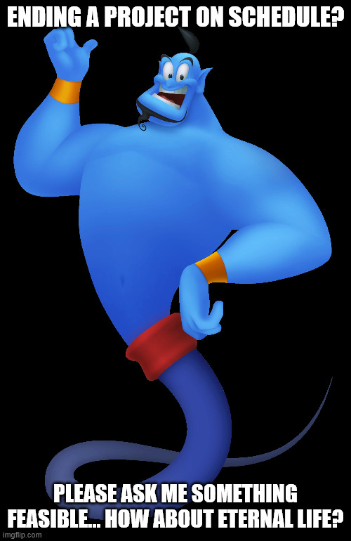 Project manager wishes | Ending a project on schedule? Please ask me something feasible… how about eternal life? | image tagged in genius,project manager,project management | made w/ Imgflip meme maker