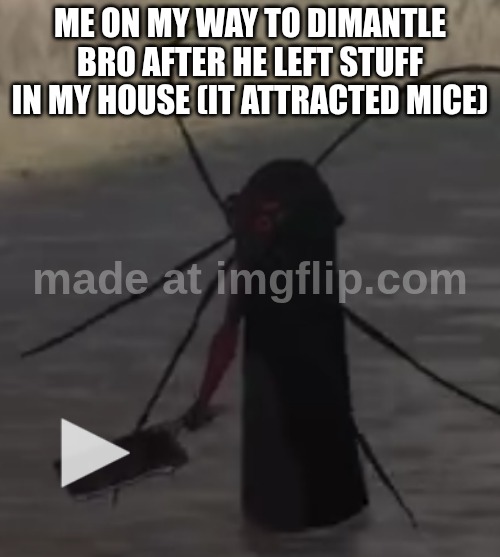 roach | me on my way to dimantle bro after he left stuff in my house (it attracted mice) | image tagged in roach | made w/ Imgflip meme maker