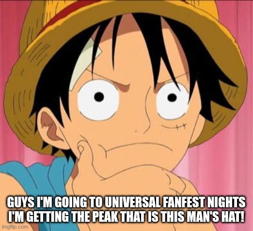 MY GOAT (and comfort character) LUFFY | Guys I'm going to universal fanfest nights
I'm getting the peak that is this man's hat! | image tagged in luffy focused,one piece,anime,universal fan fest | made w/ Imgflip meme maker