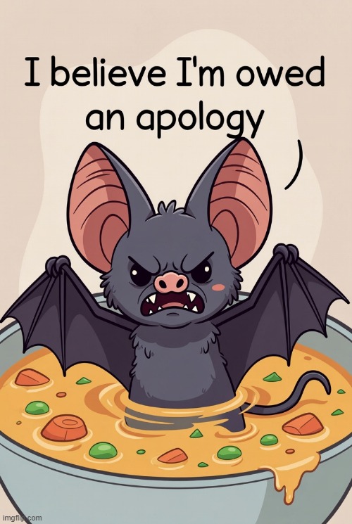 image tagged in bat,bat soup,covid,covid origin,conspiracies | made w/ Imgflip meme maker