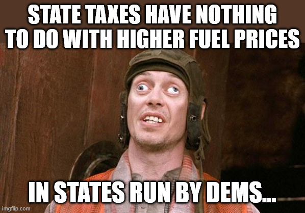 Steve Buscemi | State taxes have nothing to do with higher fuel prices in states run by dems... | image tagged in steve buscemi | made w/ Imgflip meme maker