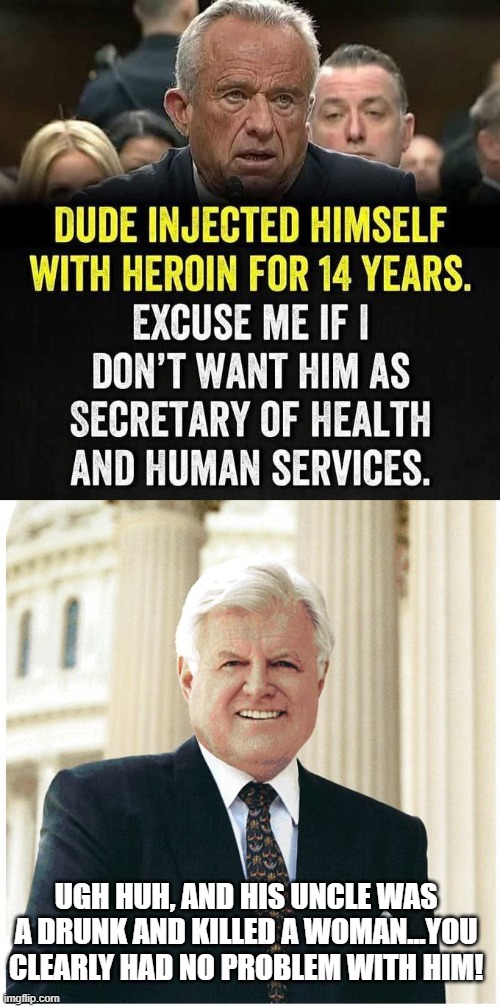 Typical Lib Hypocrasy | Ugh huh, and his uncle was a drunk and killed a woman...you clearly had no problem with him! | image tagged in ted kennedy | made w/ Imgflip meme maker