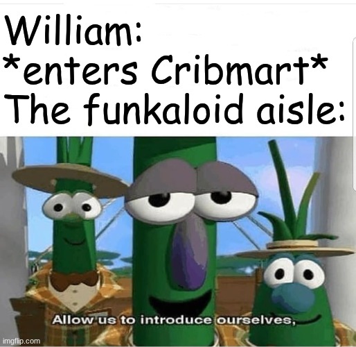 A meme about MC's cousin at Cribmart | William: *enters Cribmart*
The funkaloid aisle: | image tagged in allow us to introduce ourselves,cribmart,memes,william,funkaloid | made w/ Imgflip meme maker