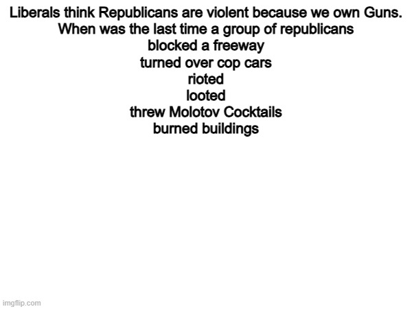 100% | Liberals think Republicans are violent because we own Guns.
When was the last time a group of republicans
blocked a freeway
turned over cop cars
rioted
looted
threw Molotov Cocktails
burned buildings | image tagged in memes,funny,stupid liberals,politics,political meme | made w/ Imgflip meme maker