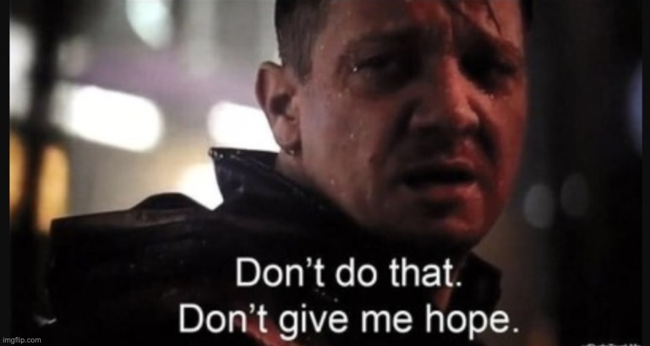 you actually made me happy for a second... | image tagged in hawkeye ''don't give me hope'' | made w/ Imgflip meme maker