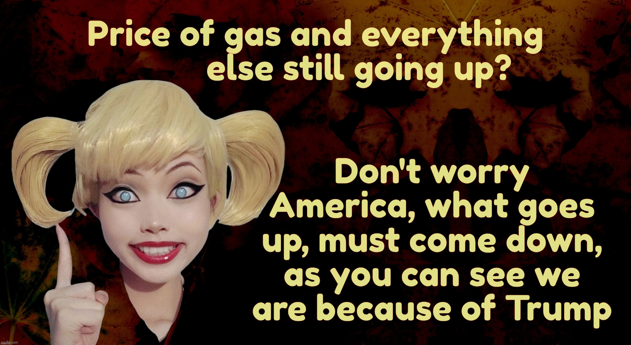 Harley Quinn | Price of gas and everything
          else still going up? Don't worry
America, what goes
up, must come down,
as you can see we
are because  | image tagged in harley quinn | made w/ Imgflip meme maker