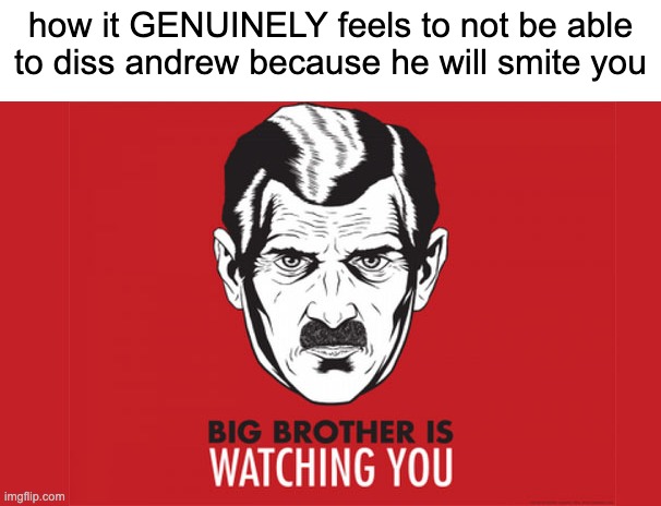 Big Brother is always watching you | how it GENUINELY feels to not be able to diss andrew because he will smite you | image tagged in big brother is always watching you | made w/ Imgflip meme maker